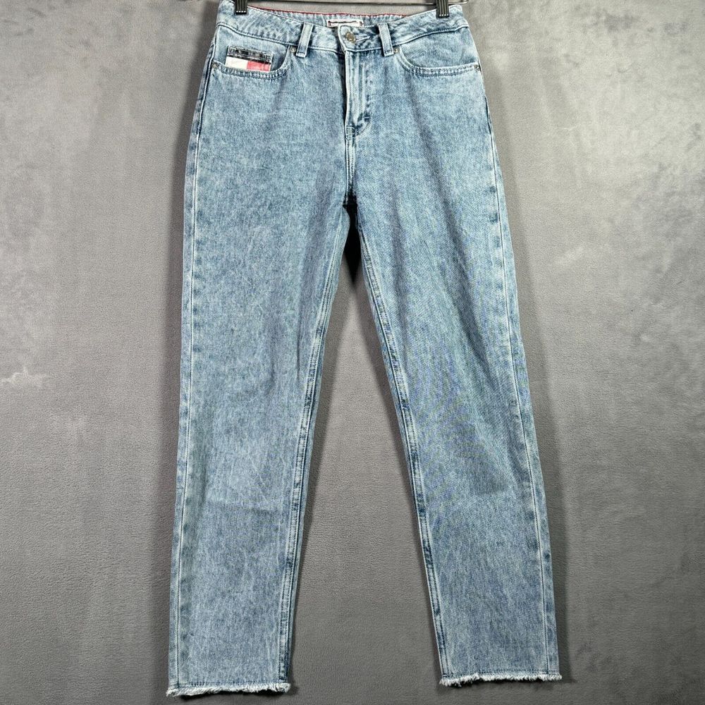 Tommy Hilfiger Girls Jeans Size 14 Light Wash Tapered Leg Frayed Hem High Rise